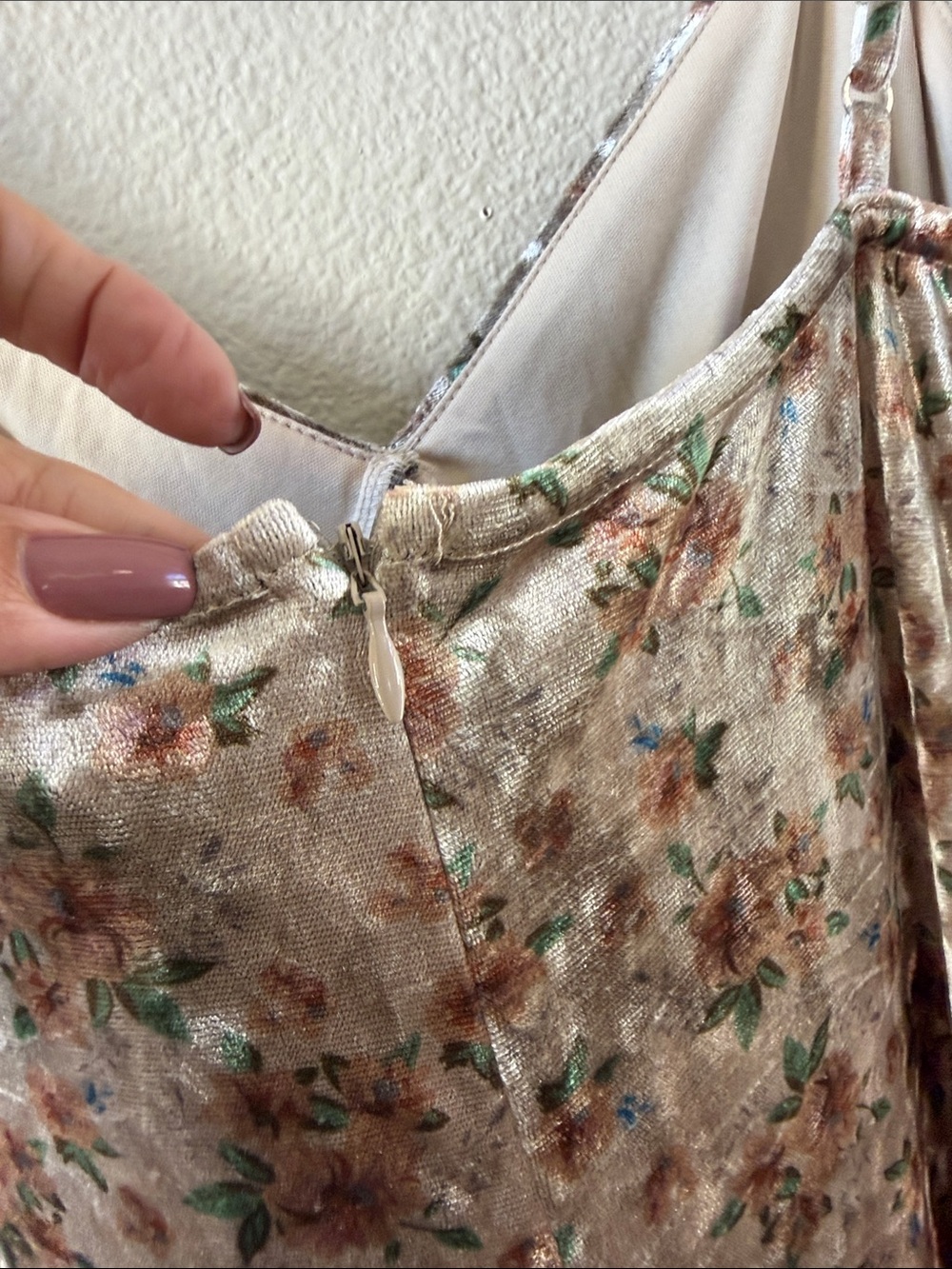 Emory Park Velvet Floral Slip Dress in Brown, Cream and Green - Picture 7 of 12